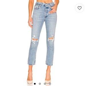 Agolde Riley in Blitz Light Blue Distressed Cropped Jeans size 23